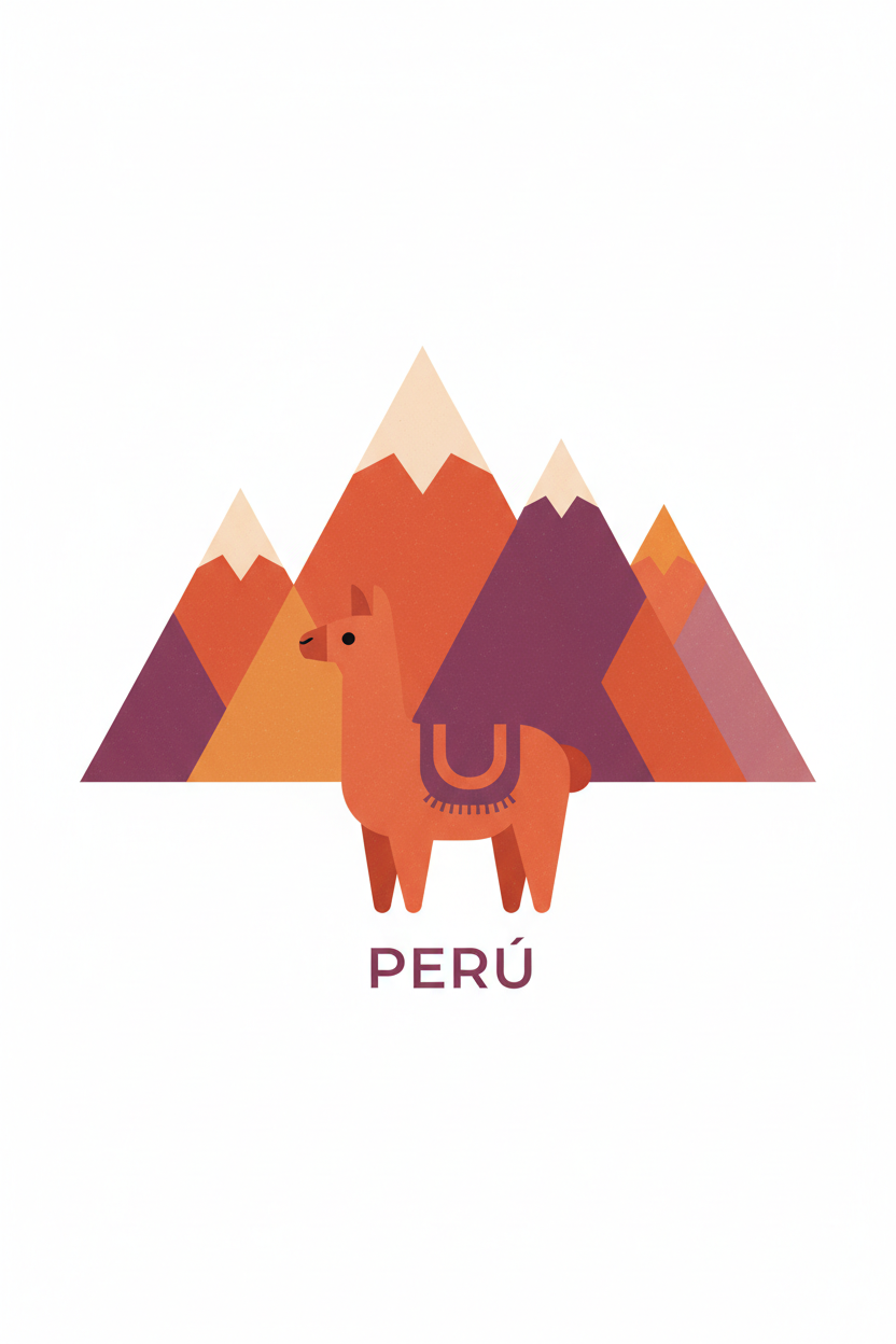 Håndtegnet plakat med Andesbjerge og lama, peruviansk illustration