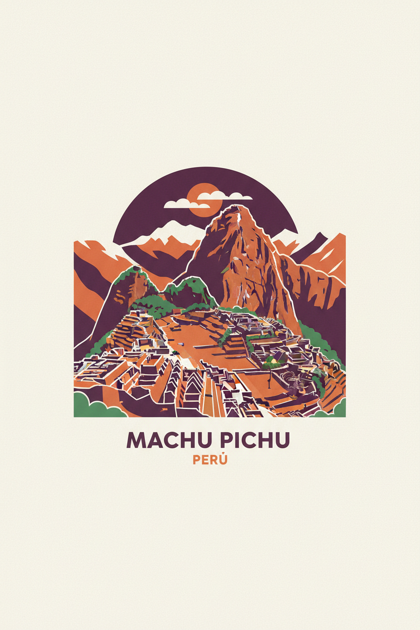 Håndtegnet plakat med Machu Picchu og Andesbjerge